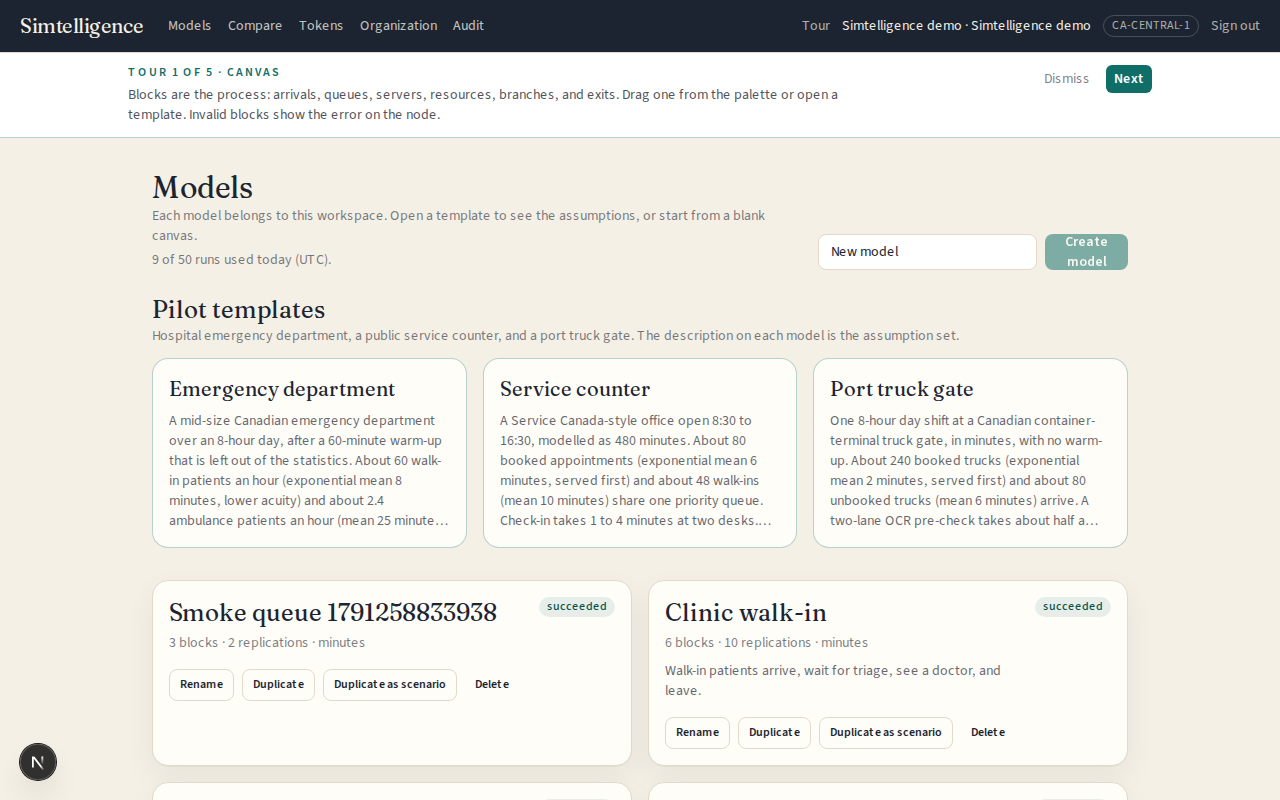 Three pilot templates: emergency department, service counter, and port truck gate.